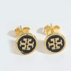 Tory Burch Inspired Black and Gold Logo Earrings